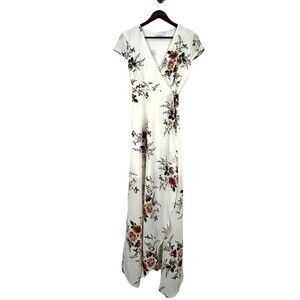 Showpo Womens Size 14 Cream Floral Wrap Coss Maxi Dress Cap Sleeves Flowy T4